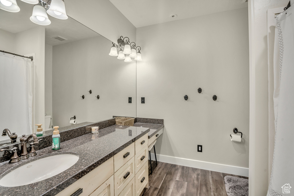 Bathroom with wood finished floors and vanity