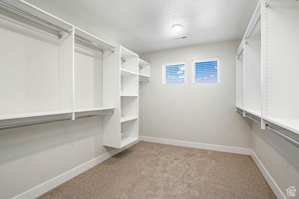 Walk in closet featuring light carpet