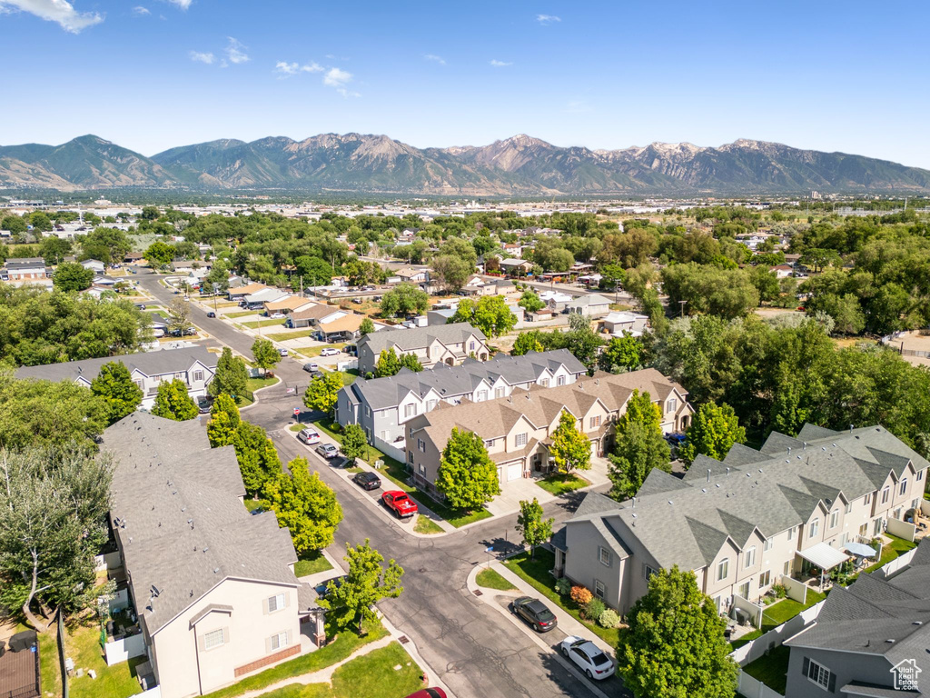 Aerial view of residential area with mountains