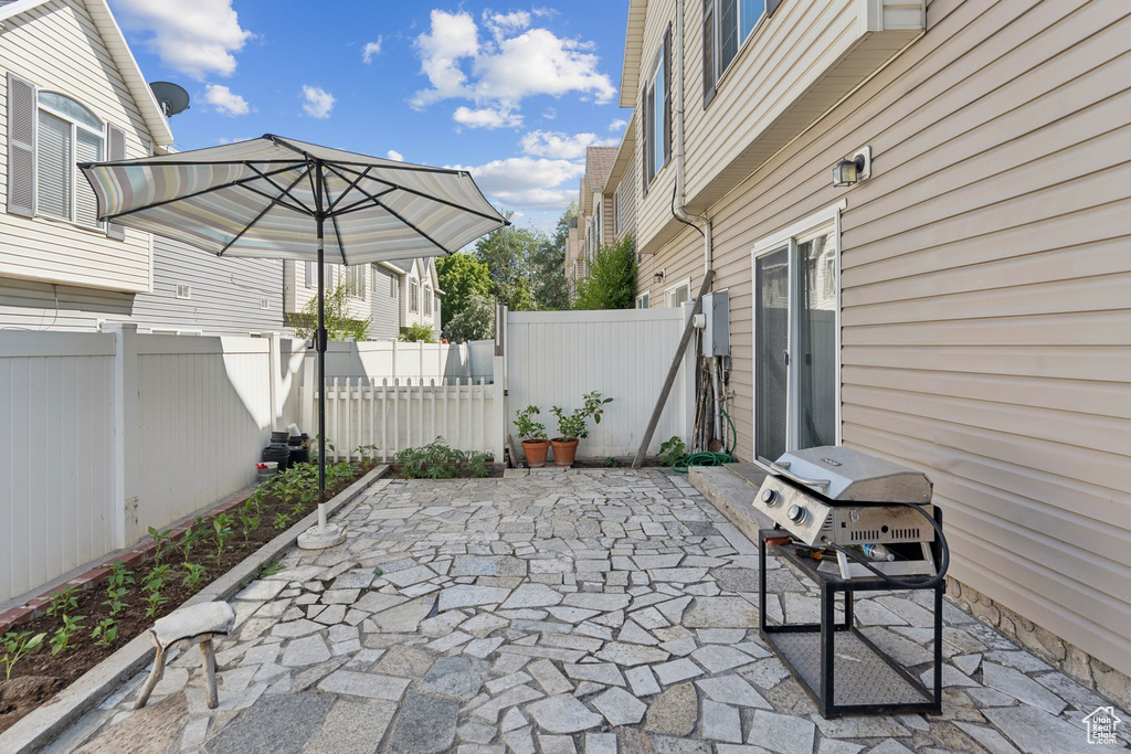 View of patio featuring grilling area