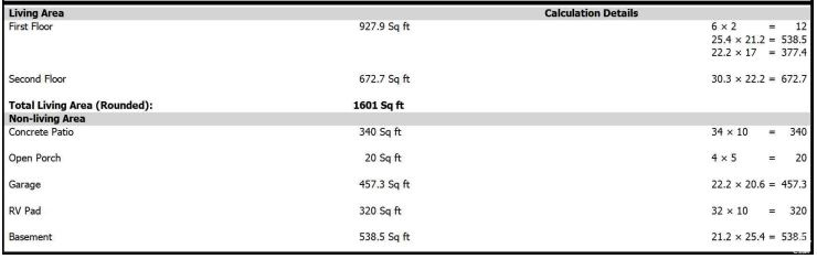 View of a document of area calculations