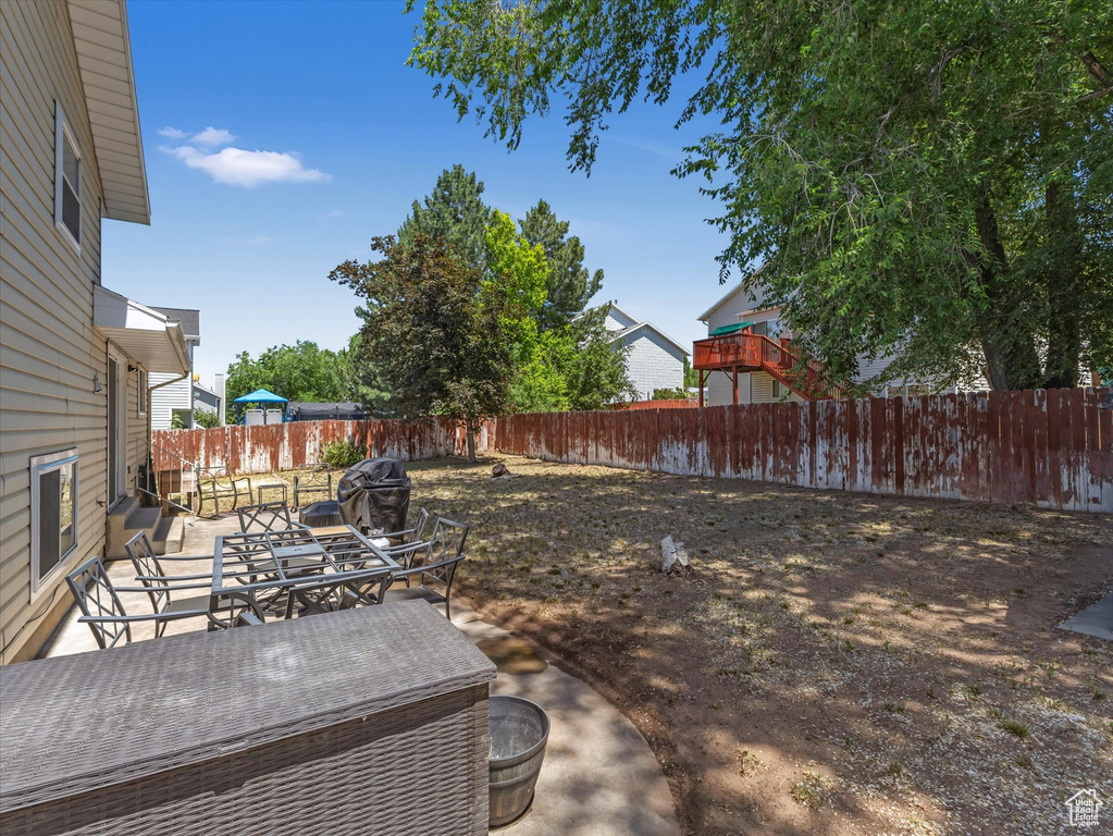 Fenced backyard with a patio area
