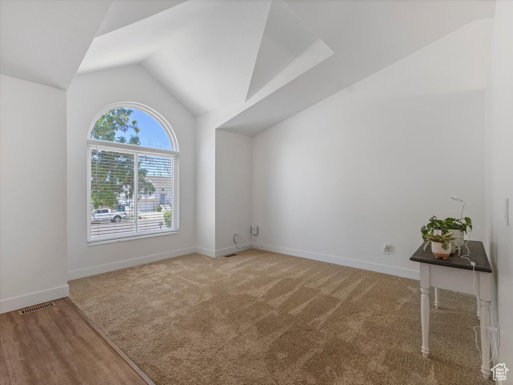 Spare room with lofted ceiling and carpet