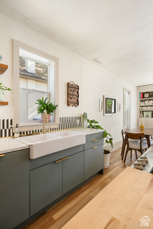 Kitchen featuring gray cabinets, plenty of natural light, and light countertops