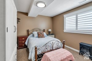 Bedroom with carpet and a wood stove