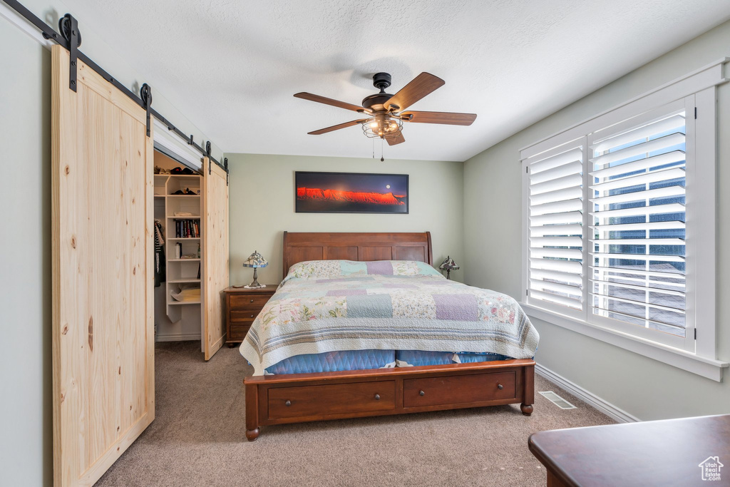 Bedroom with a barn door, carpet, a walk in closet, and a closet