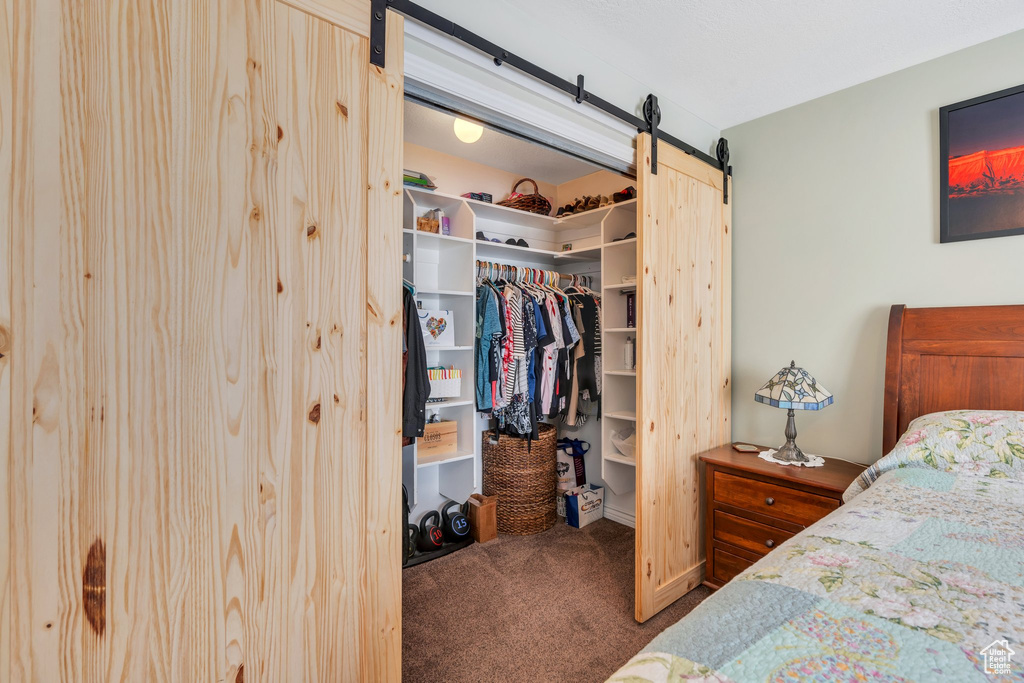 Bedroom with carpet, a barn door, a spacious closet, and a closet