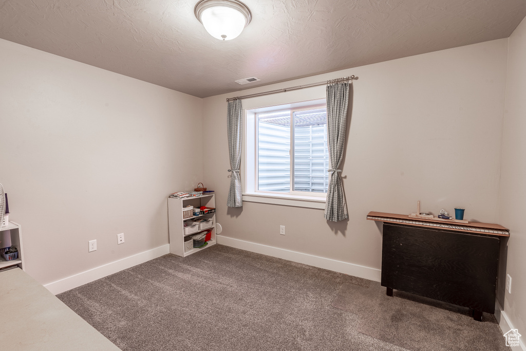 Playroom with carpet and a textured ceiling