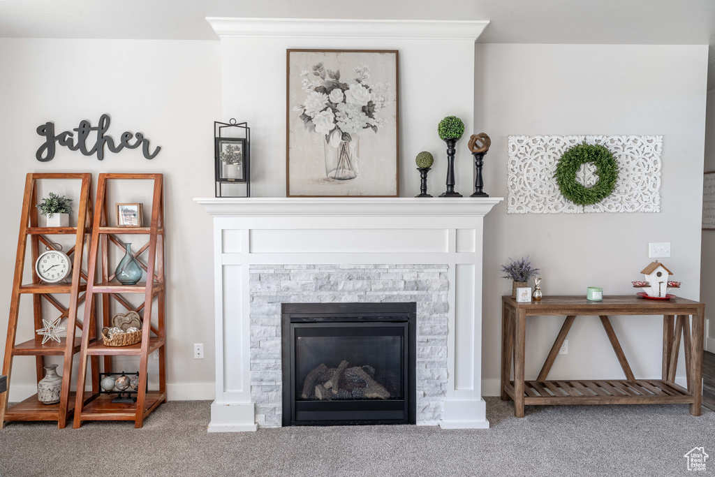 Detailed view of carpet floors and a fireplace