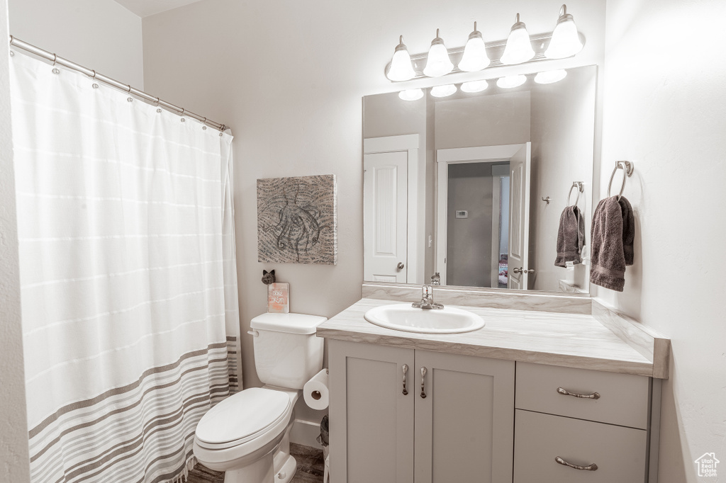 Full bathroom featuring vanity and a shower with curtain
