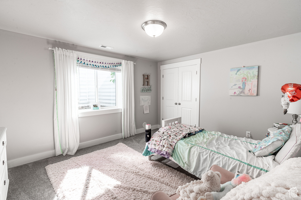 Carpeted bedroom with baseboards and a closet