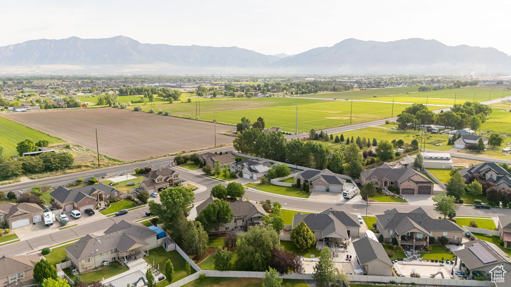 Aerial perspective of suburban area with mountains