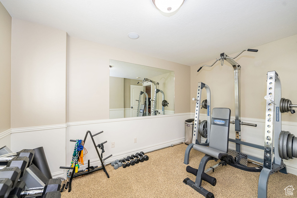 Exercise room featuring carpet flooring