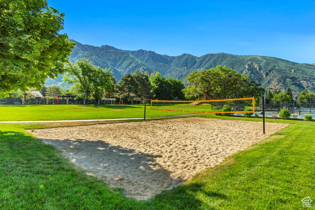 View of property\'s community featuring volleyball court and a mountain view