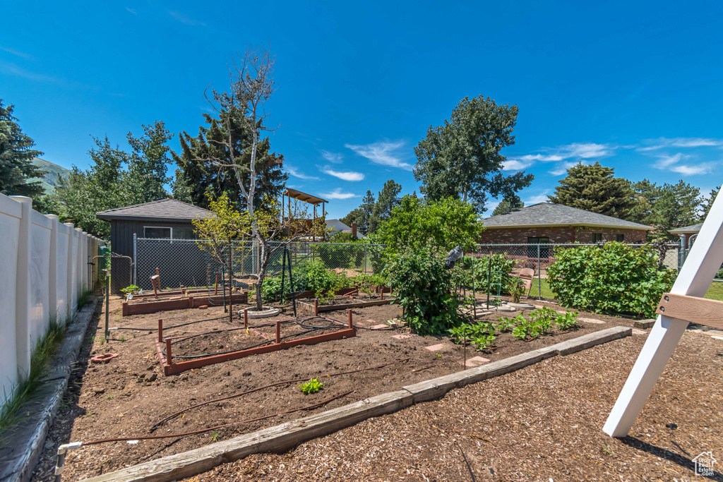 Fenced backyard featuring a garden