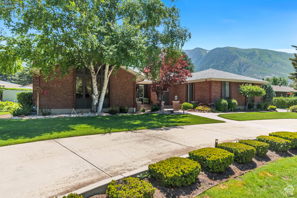 View of front of home featuring a mountain view, a front lawn, and brick siding