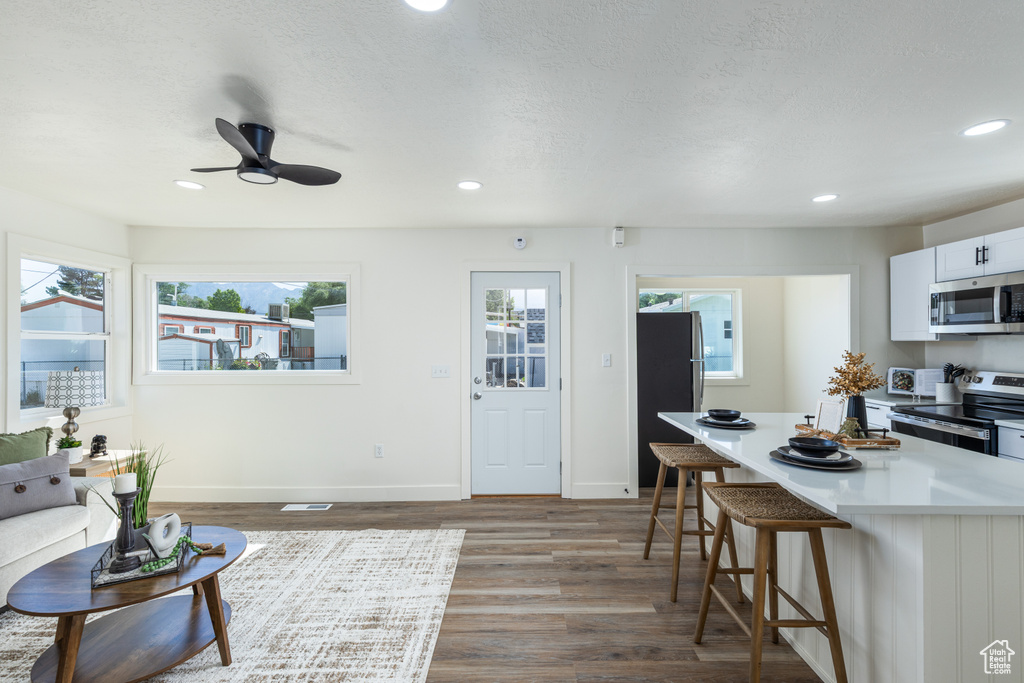 Living room featuring dark wood-style floors, ceiling fan, and recessed lighting