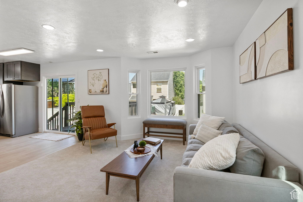 Living room with a textured ceiling, recessed lighting, and light carpet