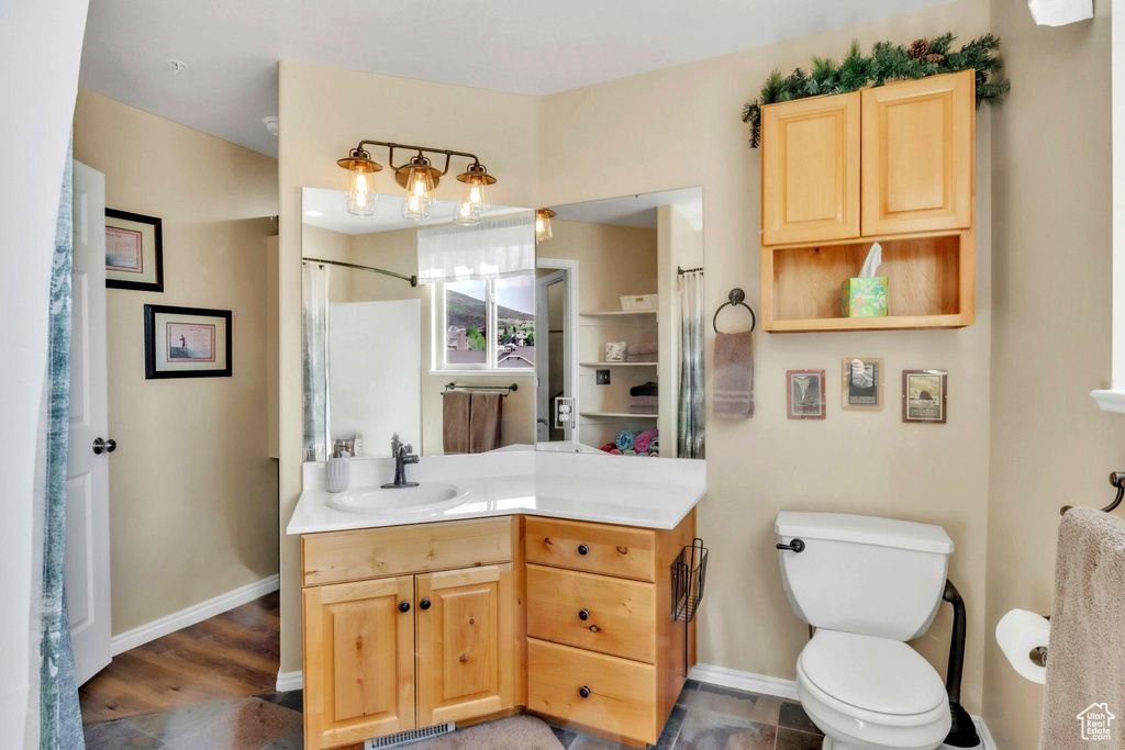 Full bath featuring vanity and curtained shower