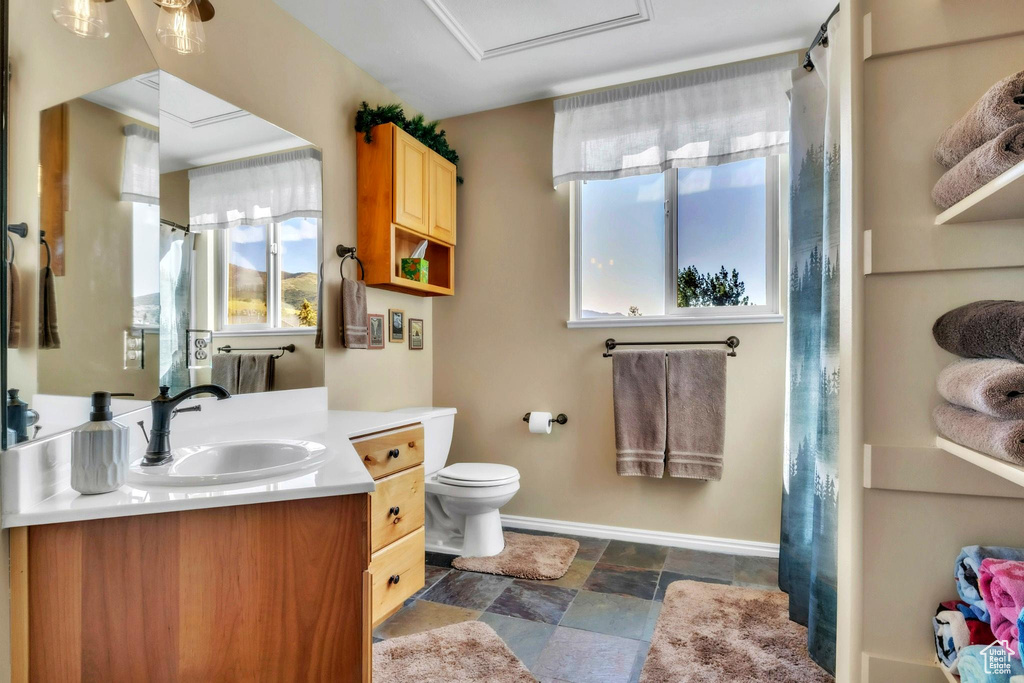 Full bathroom featuring vanity, stone finish floors, and a shower with shower curtain