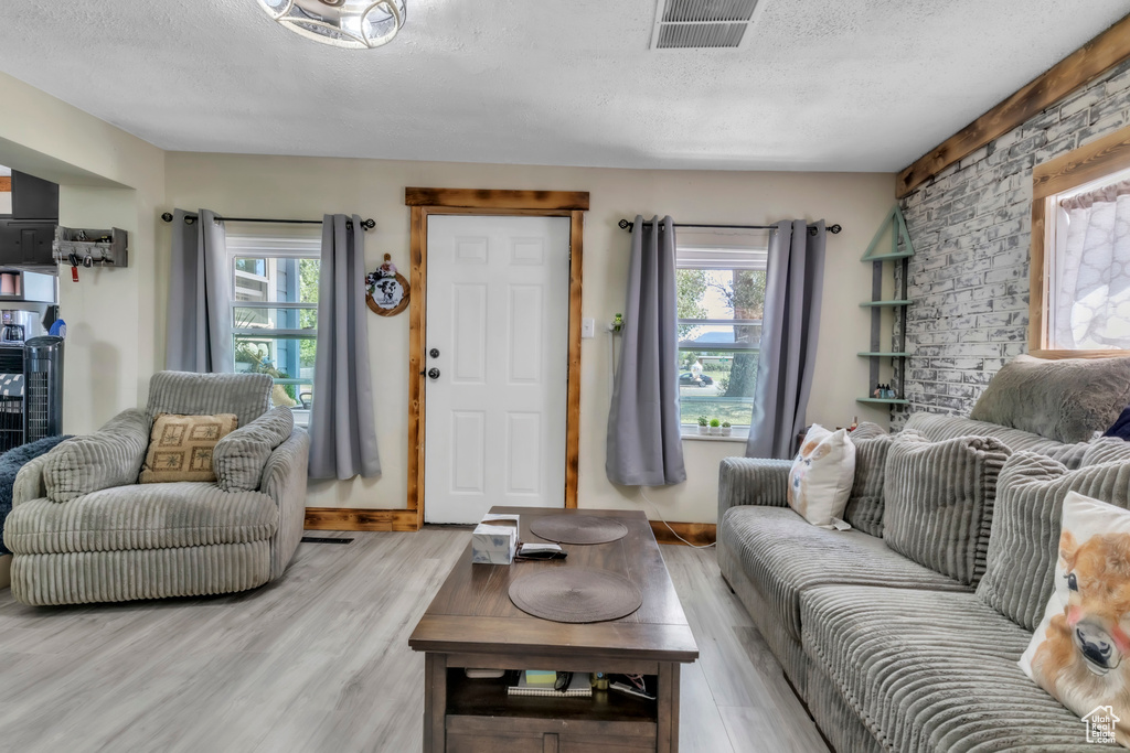 Living room featuring a textured ceiling, healthy amount of natural light, and light wood finished floors