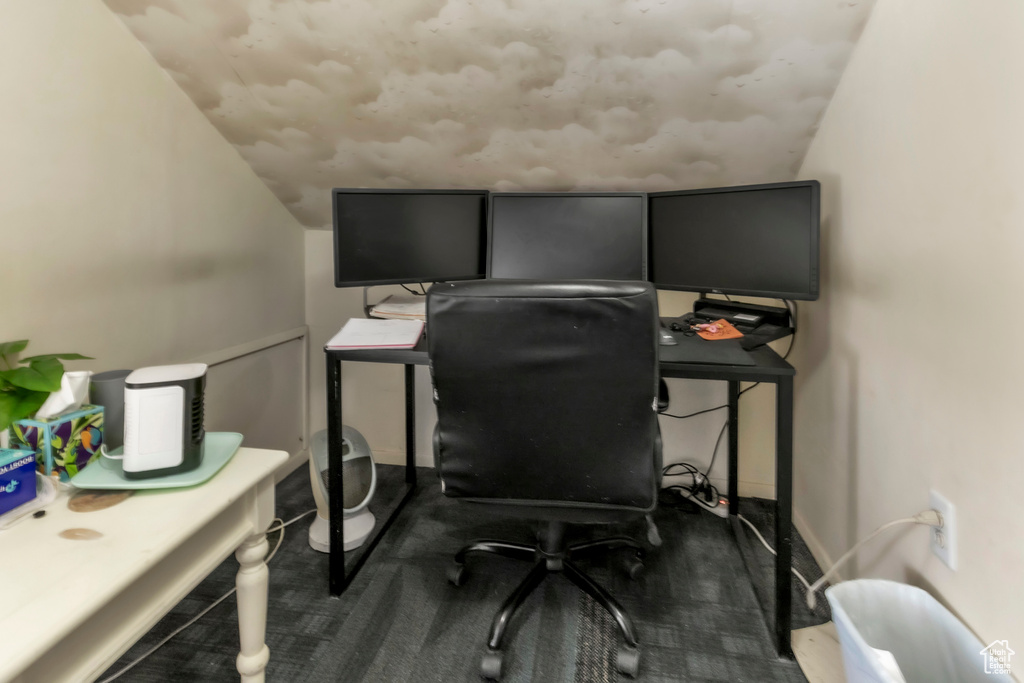 Office space featuring lofted ceiling and carpet floors
