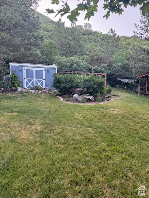 View of green lawn with a shed and a wooded view