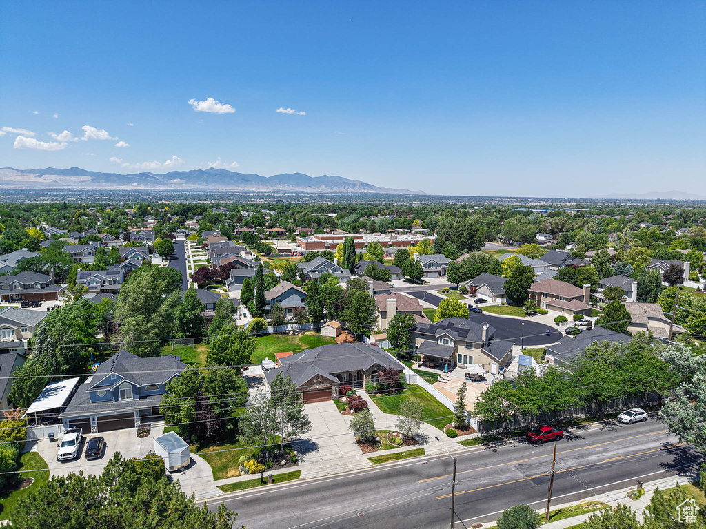 Aerial view of residential area with mountains