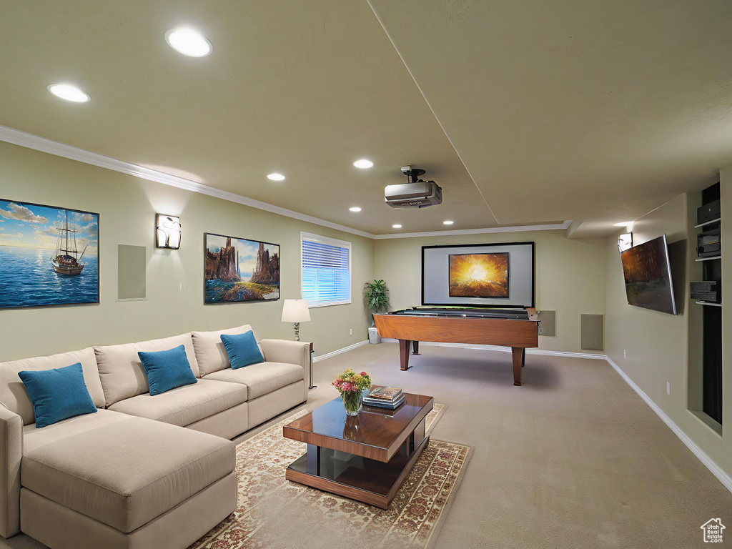 Recreation room featuring recessed lighting, crown molding, billiards, and carpet flooring