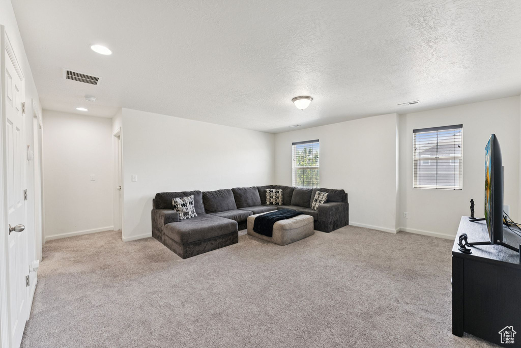 Living area featuring a textured ceiling, carpet floors, and recessed lighting