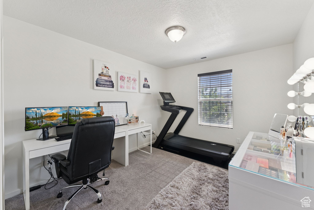 Carpeted home office featuring a textured ceiling and baseboards