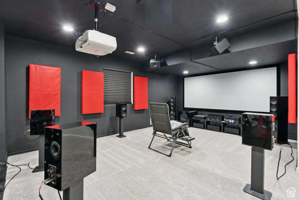 Home theater room with carpet flooring and recessed lighting