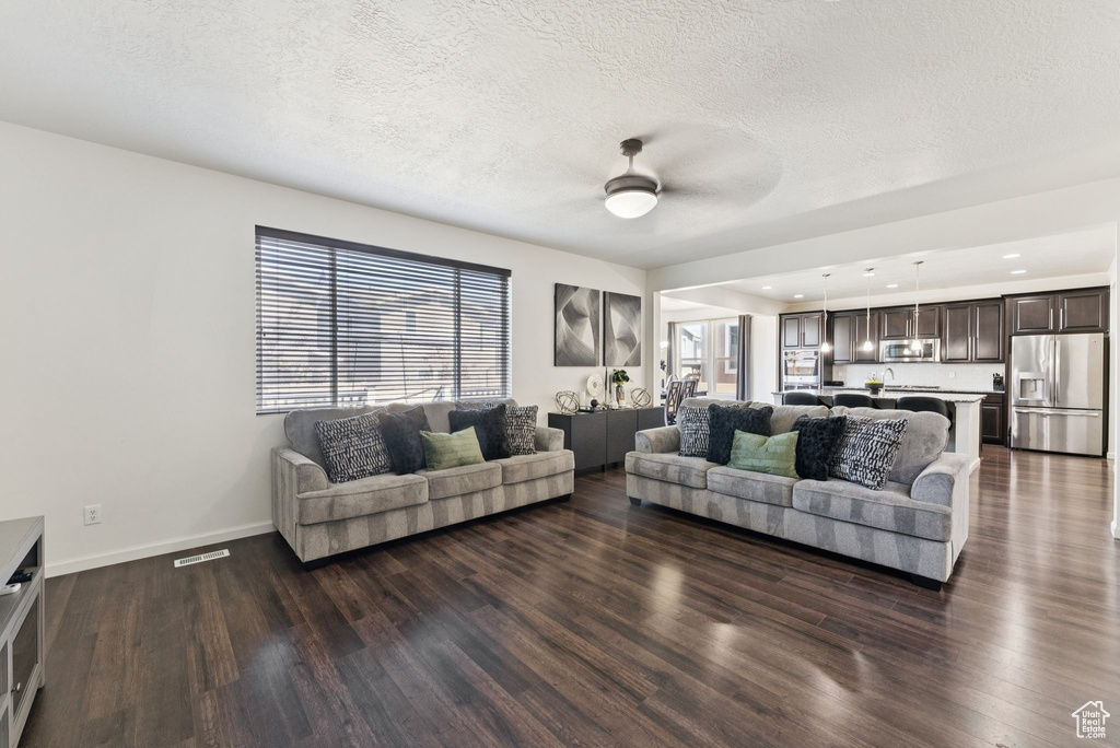 Living room with ceiling fan, healthy amount of natural light, dark wood-type flooring, and a textured ceiling