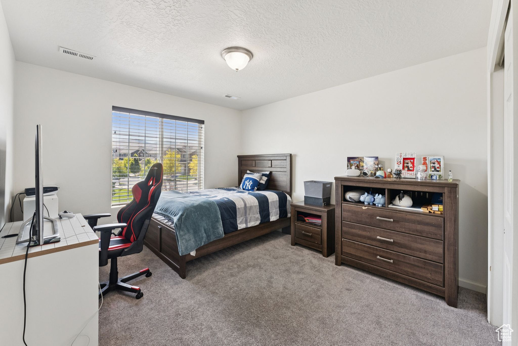 Bedroom with light colored carpet, a textured ceiling, and an office area