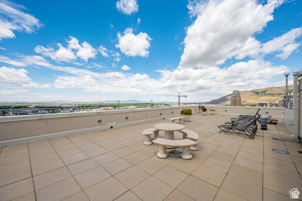 View of patio featuring a mountain view