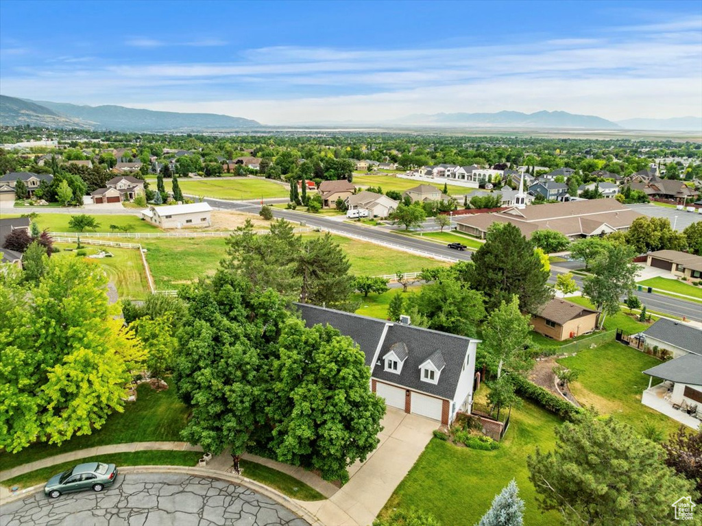 Aerial view of residential area with mountains
