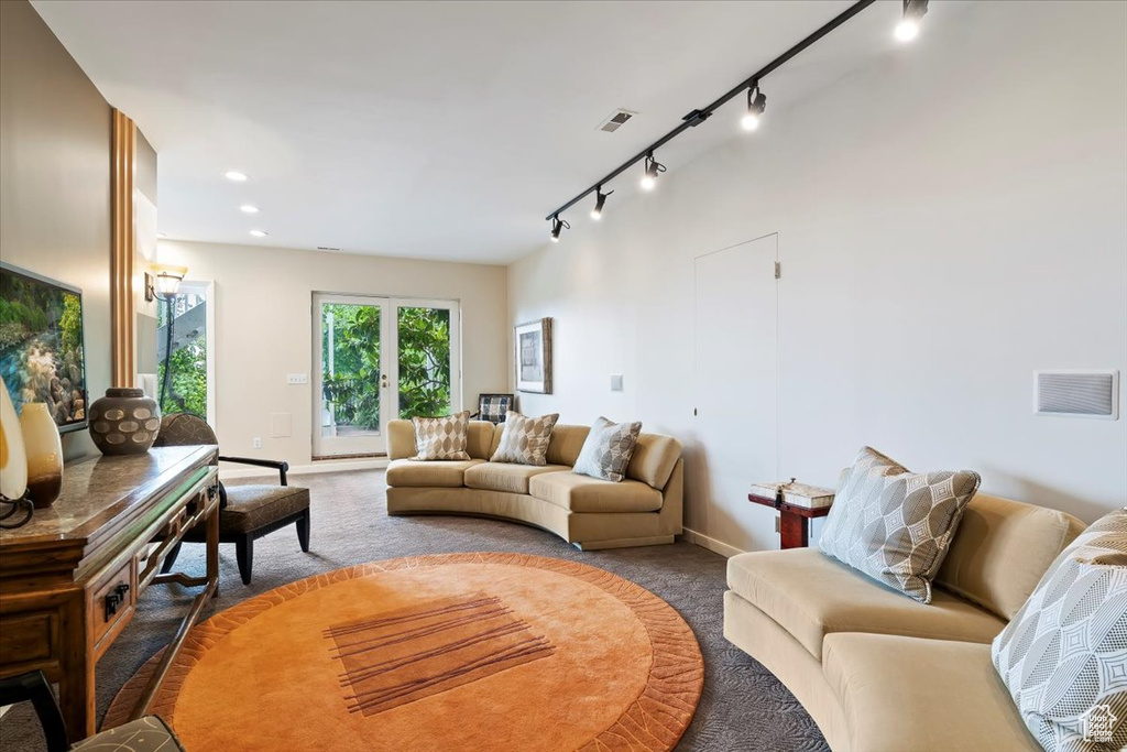 Living area featuring carpet flooring, track lighting, and recessed lighting