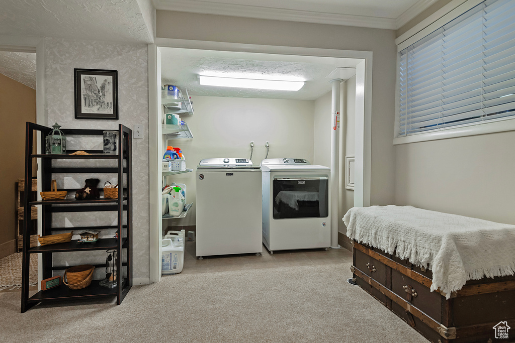 Washroom featuring washer and clothes dryer, carpet flooring, and ornamental molding