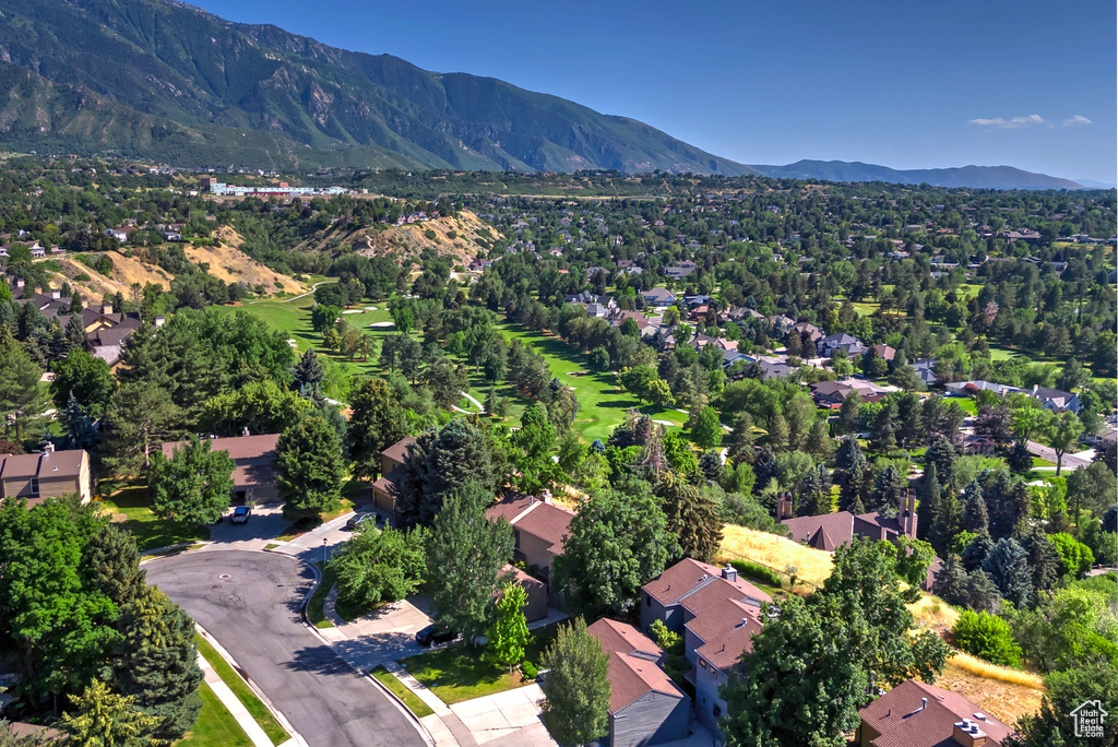 Aerial view of residential area with a mountain backdrop
