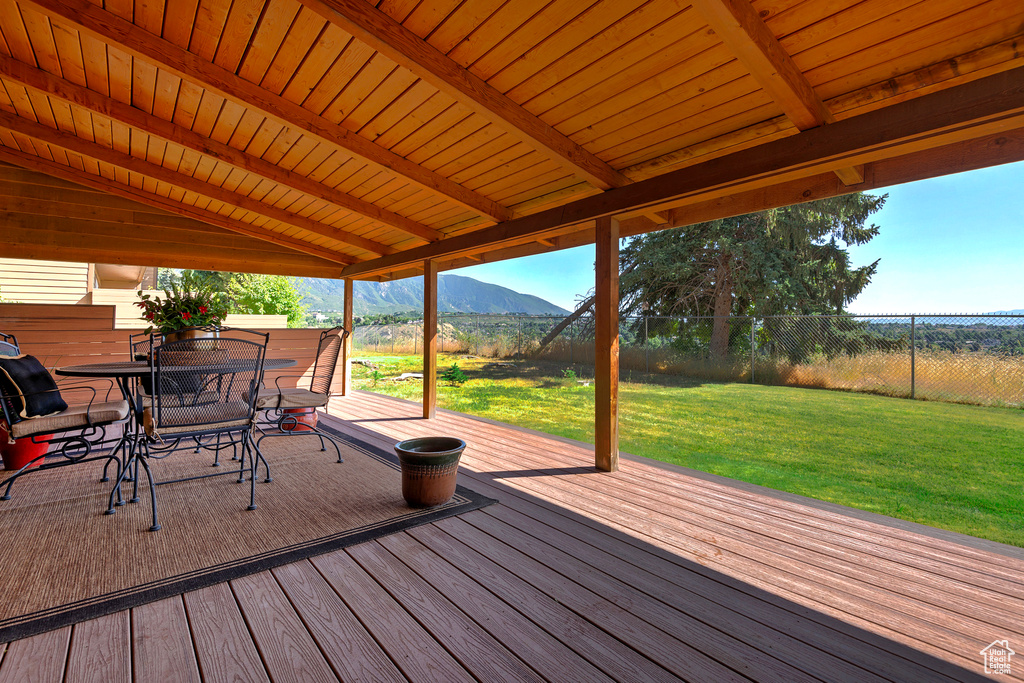 Deck featuring a mountain view, a fenced backyard, and outdoor dining space