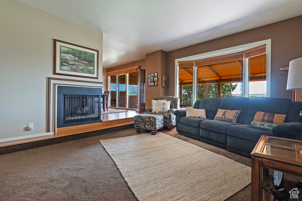 Living room featuring carpet and a fireplace with raised hearth
