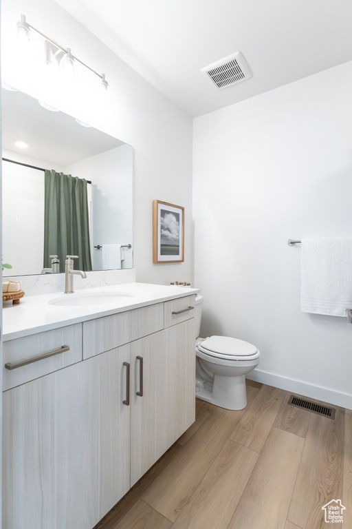 Full bath with vanity, wood finished floors, and a shower with curtain