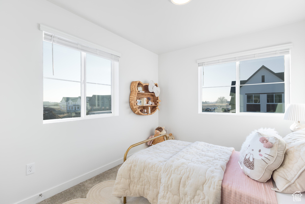 Carpeted bedroom featuring multiple windows