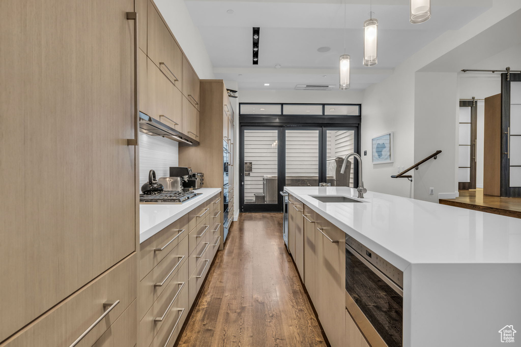 Kitchen featuring stainless steel appliances, light countertops, dark wood finished floors, light brown cabinetry, and decorative light fixtures