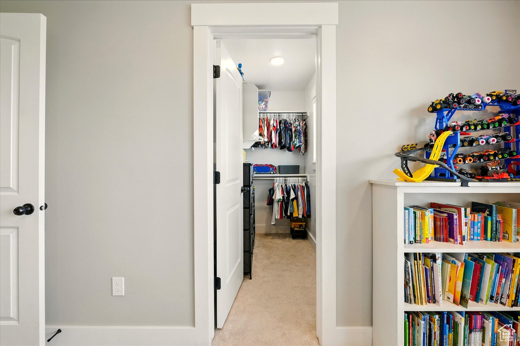Corridor with light carpet and baseboards