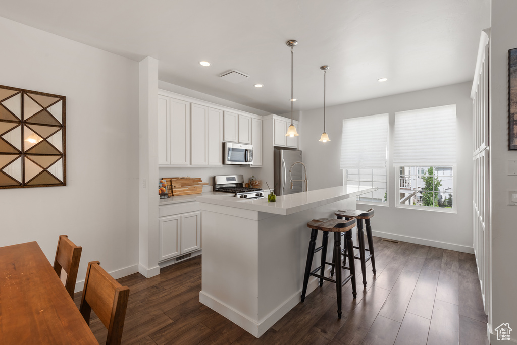Kitchen with appliances with stainless steel finishes, dark wood-style flooring, white cabinets, light countertops, and recessed lighting