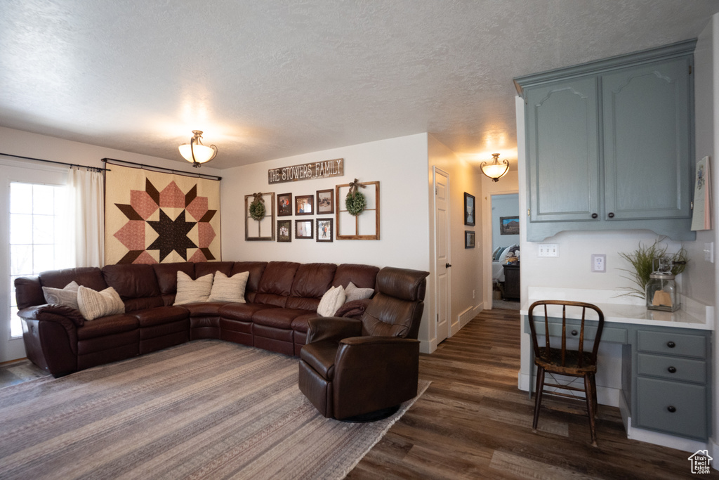Living area with dark wood-style flooring and a textured ceiling