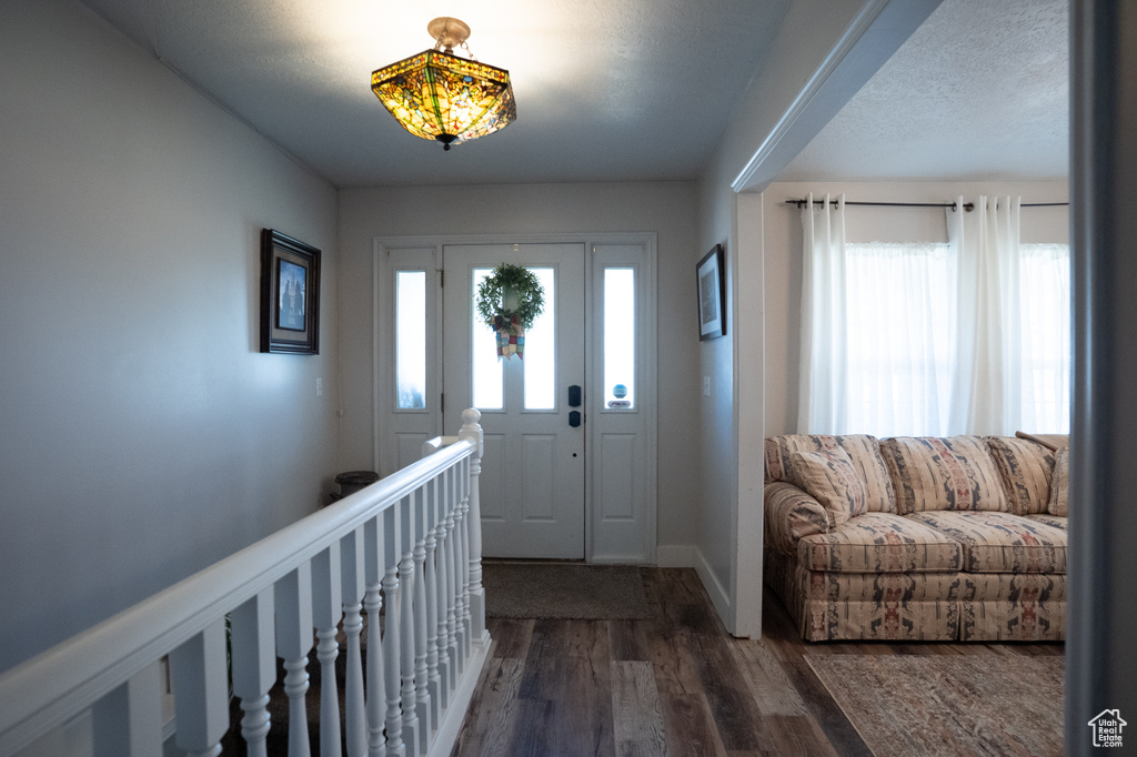Foyer featuring dark wood-type flooring and baseboards