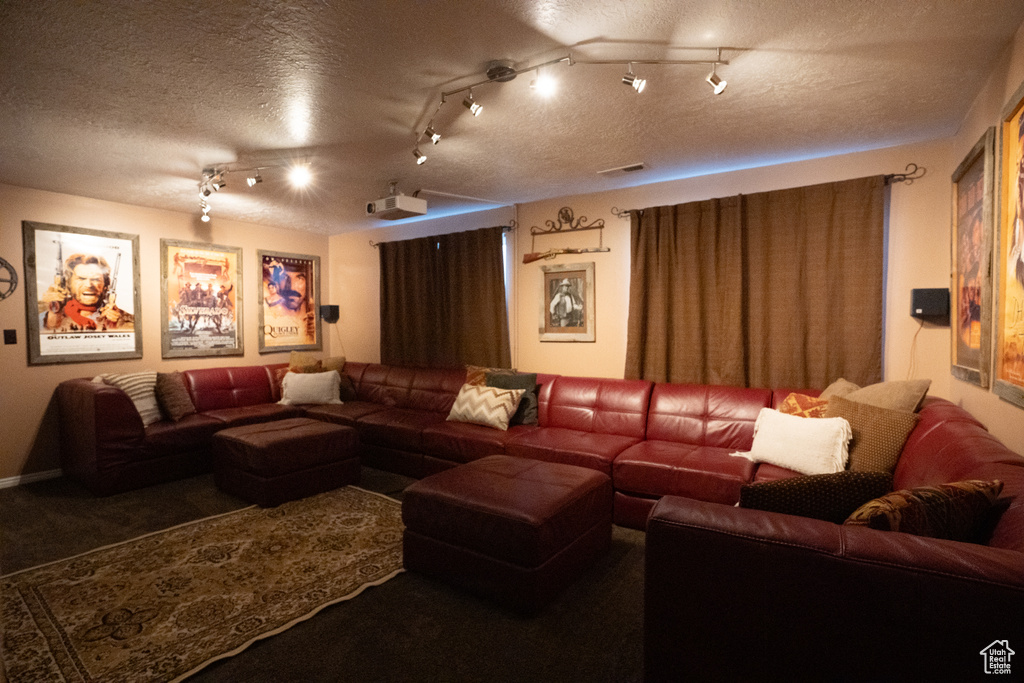 Carpeted cinema room with a textured ceiling and track lighting