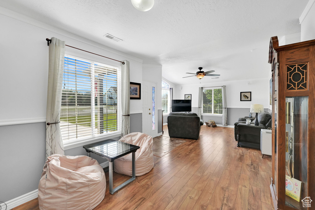 Living area featuring wood-type flooring, ceiling fan, and a textured ceiling